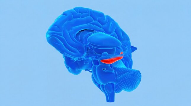 Blue human brain anatomy illustration with highlighted limbic system on light background
