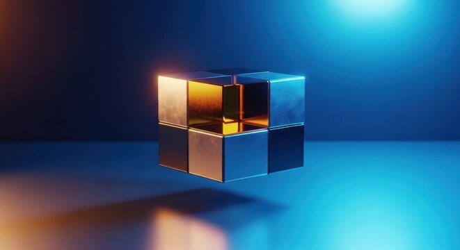A shiny metallic cube with reflective surfaces sits on a blue floor with a light source casting a glow.