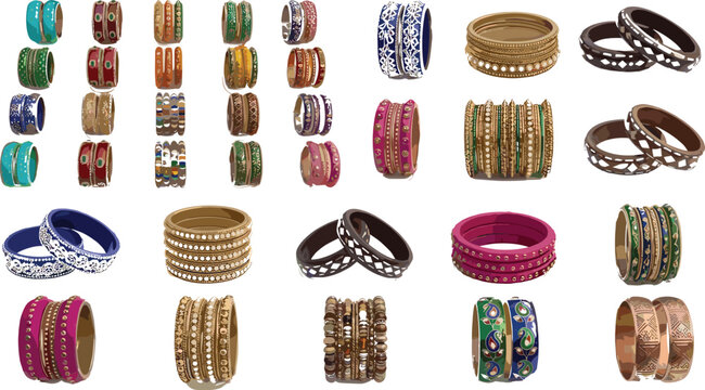 Comprehensive retail set of diverse ethnic style bridal chura bracelets and festive hand jewelry pieces isolated on plain white background for design elements