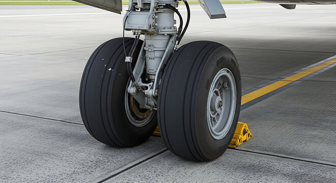 Close-up of airplane landing gear with twin tires parked on the tarmac with a yellow chock