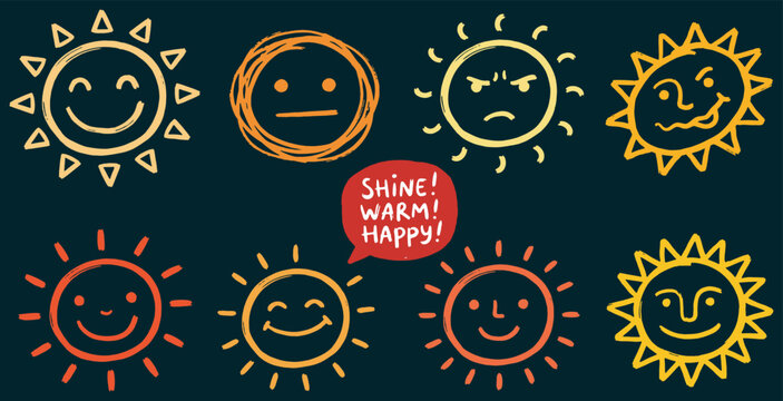 Collection of cartoon suns with various facial expressions and emotions, including happy, sad, and angry.