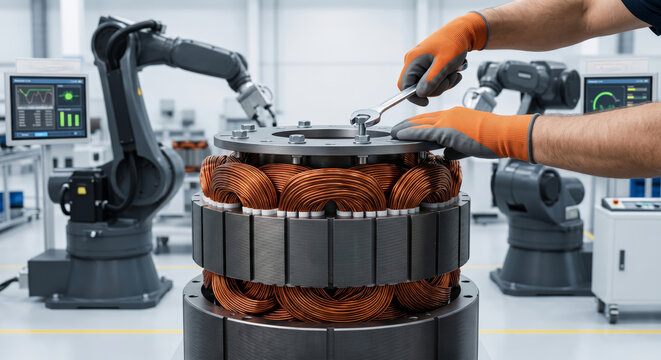 Engineer in safety gloves tightens a bolt on an electric motor stator with copper windings in a factory.