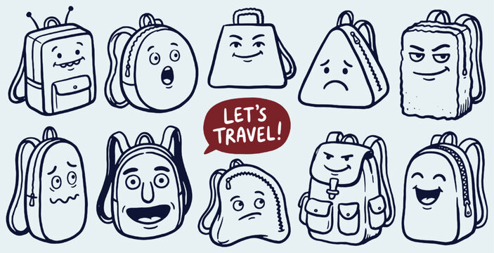 Collection of cute cartoon backpacks with different emotions and a speech bubble saying Let's Travel.
