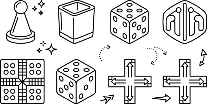 Tabletop Board Game Elements Line Art Vector Icon Set Featuring Ludo Map Dice Pawn and Cup Symbols