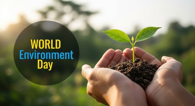 Cupped hands holding dark soil with a small green plant sprout growing for World Environment Day