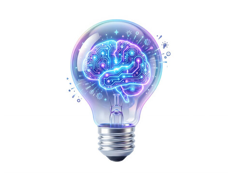 3D illustration of a glass light bulb with a glowing digital brain inside, concept of artificial intelligence, creative idea, innovation, or brainstorming.