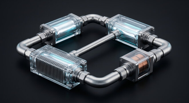 Industrial cooling system loop with transparent pipes and liquid containers connected by metallic fittings.