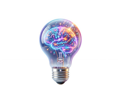3D illustration of a glass light bulb with a glowing digital brain inside, concept of artificial intelligence, creative idea, innovation, or brainstorming.