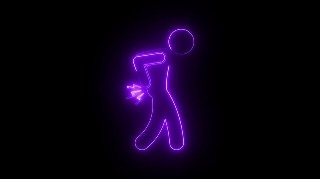 Neon back pain animation, chronic lower backache symbol, lumbar spine injury concept, medical health sign for chiropractic and physiotherapy clinics, glowing purple human silhouette