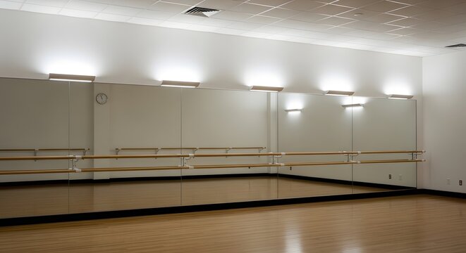 Empty dance studio with mirrored walls wooden floors and ballet barres interior view