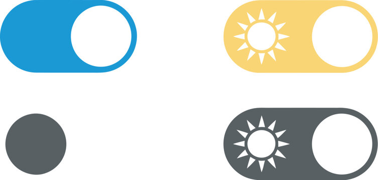 Day and night toggle switch button with sun and moon icon set in outline and filled style vector illustration isolated on transparent background for UI themes and mobile app interface design.