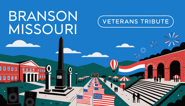 Branson Missouri, Veterans Tribute, American Patriotic, Travel Illustration