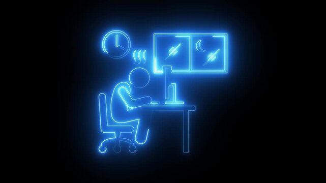 Neon glowing of exhausted office worker overworking late at night, burnout concept animation exhaustion