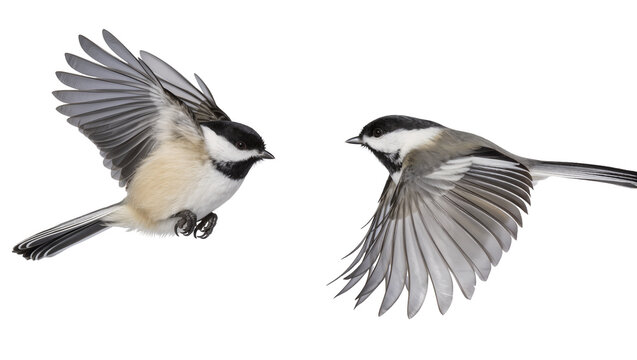 Two black-capped chickadees in mid-flight, isolated on transparent background