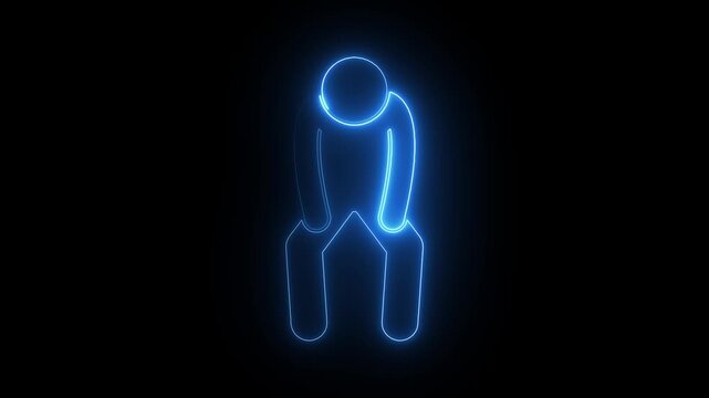 Neon glowing stick figure sitting in despair, depressed human silhouette animation, mental health concept, blue light effect on black background