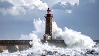 Obraz premium Coastal lighthouse enduring crashing waves during a storm
