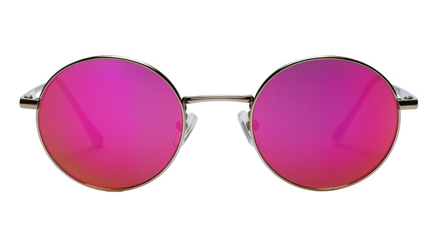 Round metal framed sunglasses with mirrored pink lenses, isolated on transparent background