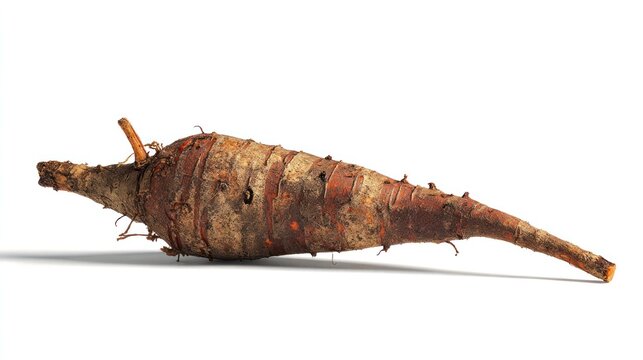 Whole, unwashed tropical root vegetable displays rough brown skin and a tapered shape against a white background.