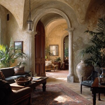 Warm natural light illuminates an elegant room featuring arches, antique furnishings, and lush indoor greenery.