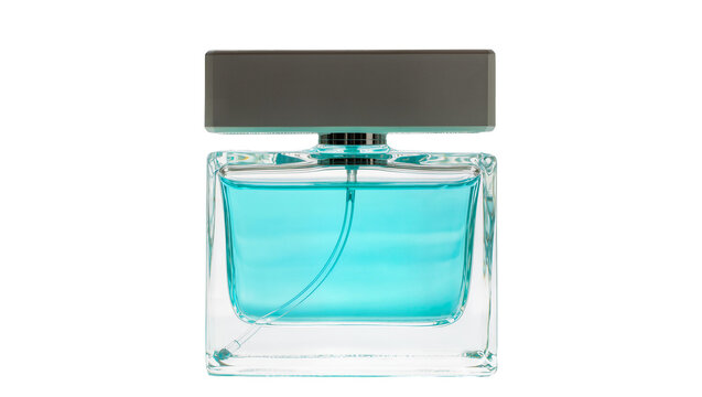 Rectangular glass perfume bottle with blue liquid and dark grey cap, isolated on transparent background