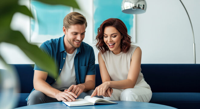 Couple reading together at home for relationship education and language learning, with partners sharing a book on sofa for tutoring service, book club promo and marriage counseling material