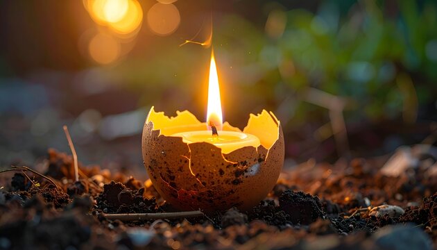 A lit candle inside a cracked eggshell sits on soil with a blurred outdoor background