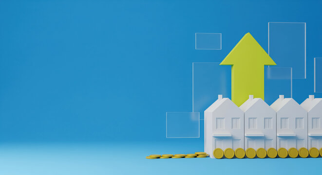 Housing price increase for real estate market update, showing home row with coins and upward arrow for mortgage rate article, property appraisal report and homebuyer finance material