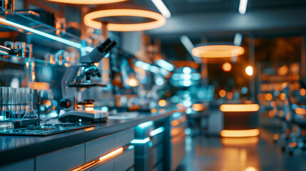 Obraz premium Blurred background of a high-tech futuristic laboratory featuring glowing neon accent lighting, advanced scientific equipment, and a clean modern interior design, representing cutting-edge