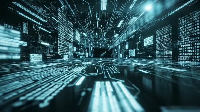 Futuristic Digital Data Tunnel with Glowing Blue Circuit Board Patterns and Binary Code Streams in a High-Tech Cyber Space Environment.