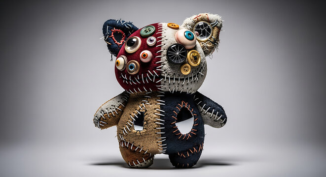 Creepy stitched patchwork teddy bear doll with multiple button eyes