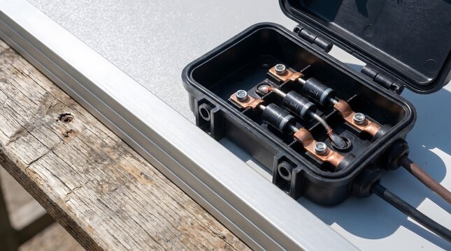 Close-up of a junction box with wires, electrical connection and energy infrastructure macro close-up, renewable energy detail, industrial background