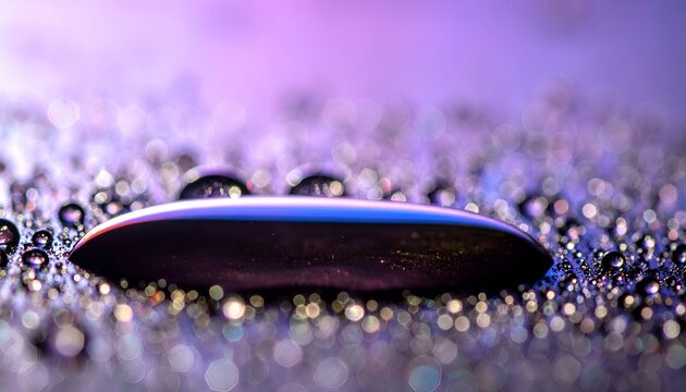 Extreme macro shot of water droplets on a textured surface with vibrant purple and blue hues