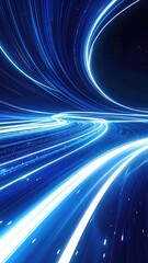 Fototapeta premium Dynamic blue light trails curve through cosmic darkness, suggesting speed