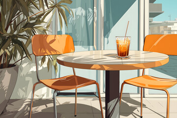 Obraz premium Sunny outdoor cafe table with iced drink and modern chairs illustration