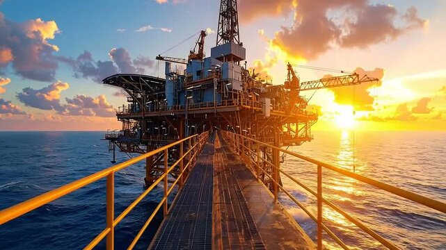 An offshore oil platform stands in the ocean during a sunset