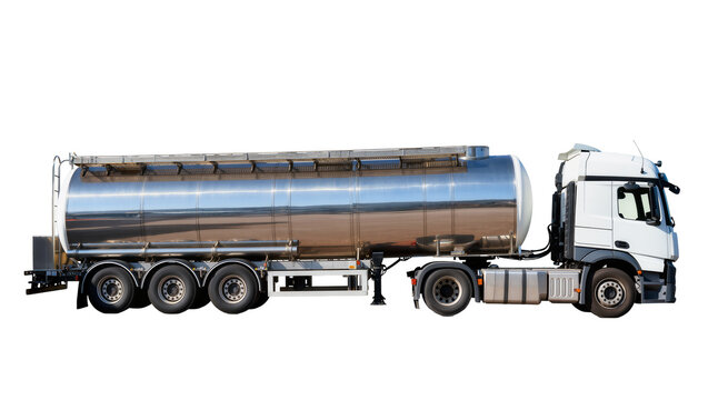 White cab tanker truck with large polished chrome barrel, isolated on transparent background
