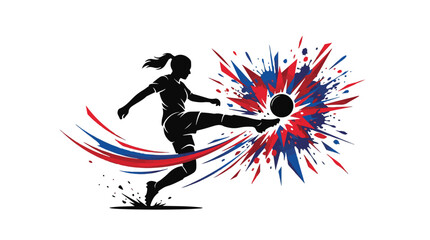 Artistic Silhouette of Woman Soccer Player with Red and Blue Ink Splatter Background © Anzuman