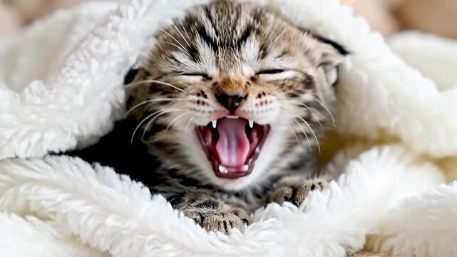 Adorable Tiny Tabby Kitten Wrapped in Soft White Fluffy Blanket Sticking Out Tongue Close-up Portrait.