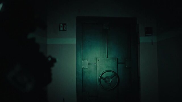 Tactical police unit with flashlights securing a corridor during a special operation at night