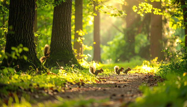 Adorable squirrels scampering on a sunlit forest path in golden hour light with lush green foliage