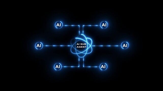 AI workflow automation artificial intelligence. ai agent neon network diagram connecting node input, processing flow, ai model and automation system. 4k video motion graphics