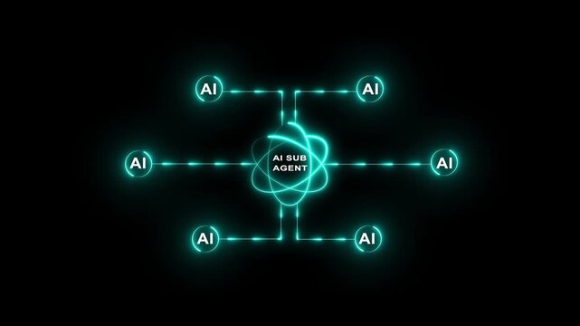 AI workflow automation artificial intelligence. ai agent neon network diagram connecting node input, processing flow, ai model and automation system. 4k video motion graphics