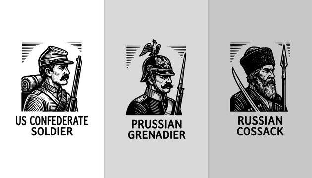 Historical Military Portraits: US Confederate Soldier, Prussian Grenadier, and Russian Cossack in Vintage Woodcut Style