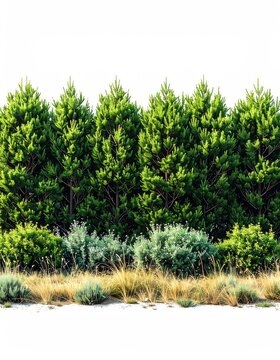 Lush evergreen forest edge with dry grass and scrub in foreground