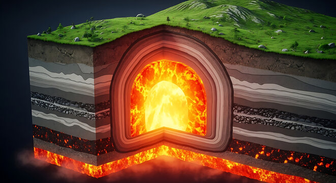 Cross section of earth showing layers with magma and glowing core