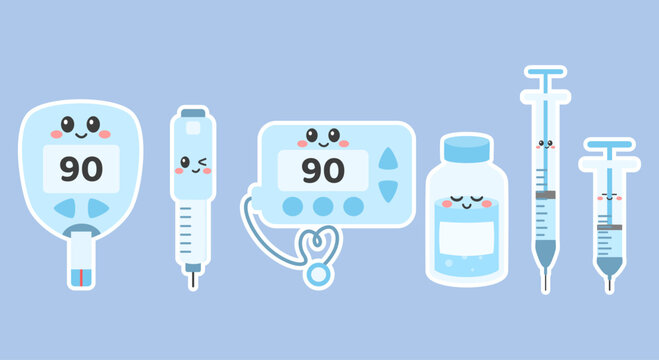 Cute diabetes medical equipment set with glucometer, insulin syringe, medicine bottle and glucose monitor. Kawaii healthcare cartoon vector illustration