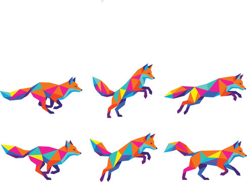 Low Poly Geometric Running Fox Vector Set with Colorful Abstract Polygonal Wild Animal Shapes in Motion Poses for Vibrant Modern Brand Logo Graphic Designs