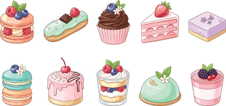 Delicious dessert and bakery cake set cartoon vector illustration featuring macarons cupcake eclair pudding parfait and mousse pastries