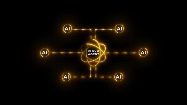 AI workflow automation artificial intelligence. ai agent neon network diagram connecting node input, processing flow, ai model and automation system. 4k video motion graphics