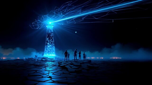 Futuristic lighthouse emitting powerful blue light beam guiding group of people on cracked ground at night